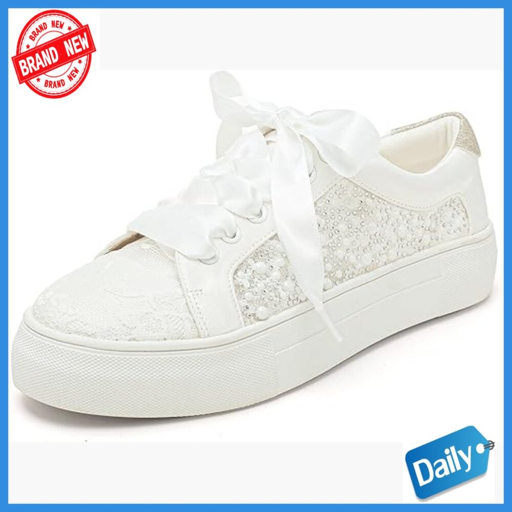 Lace Platform Wedding Sneakers with Rhinestones, 1.46" Heel, Bridal Tennis Shoes